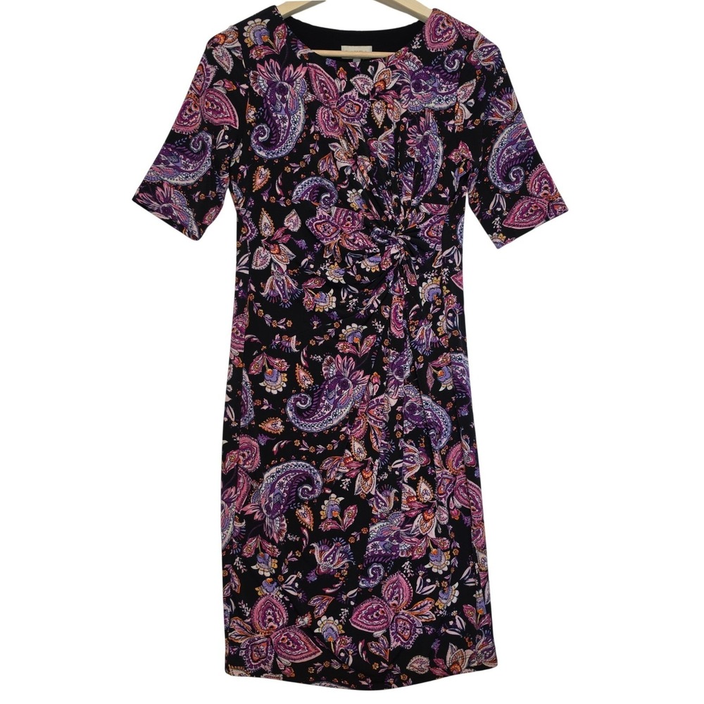 Laura Paisley Floral Knot Front Sheath Dress Purple Pink Black Size 10